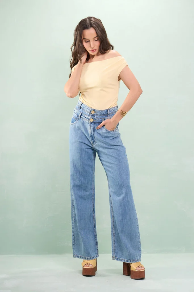 Calça Jeans Wide Leg Cós Duplo