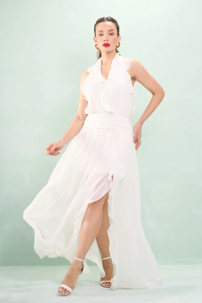 Vestido Longo Com Drapeado e Babados Chiffon