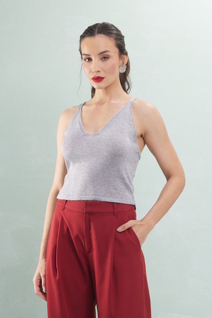 Blusa Regata Cruzada Costas Tricot Lurex