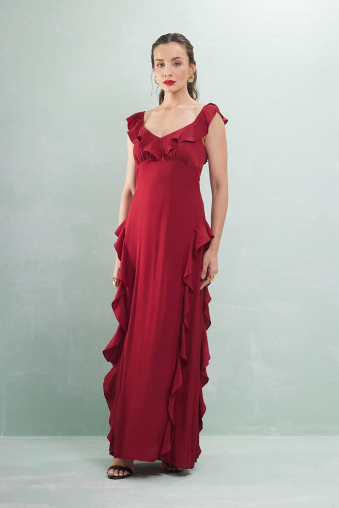 Vestido Longo Com Babados Viscose Acetinada