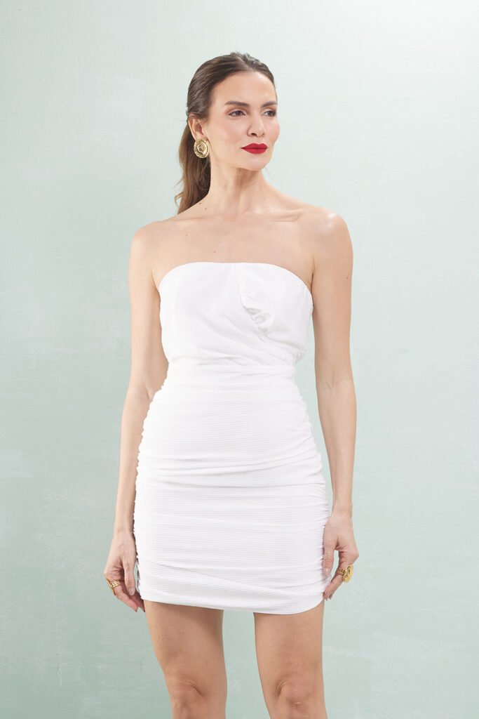 Vestido Curto Drapeado Crepe Canelado