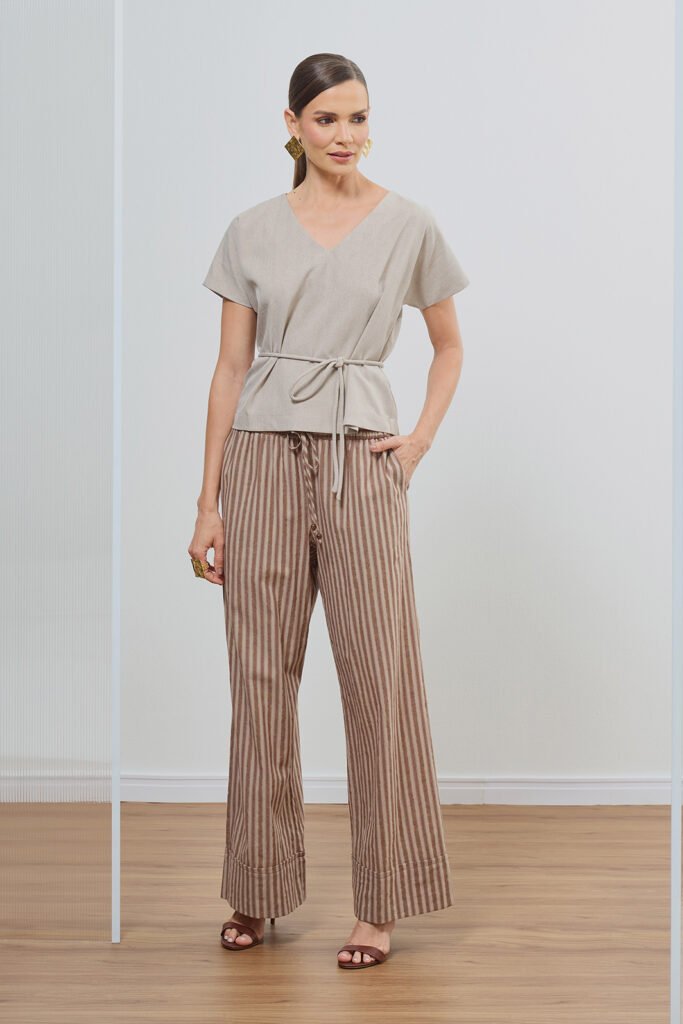 Calça Barra Larga Elástico Cós Algodão Listrado