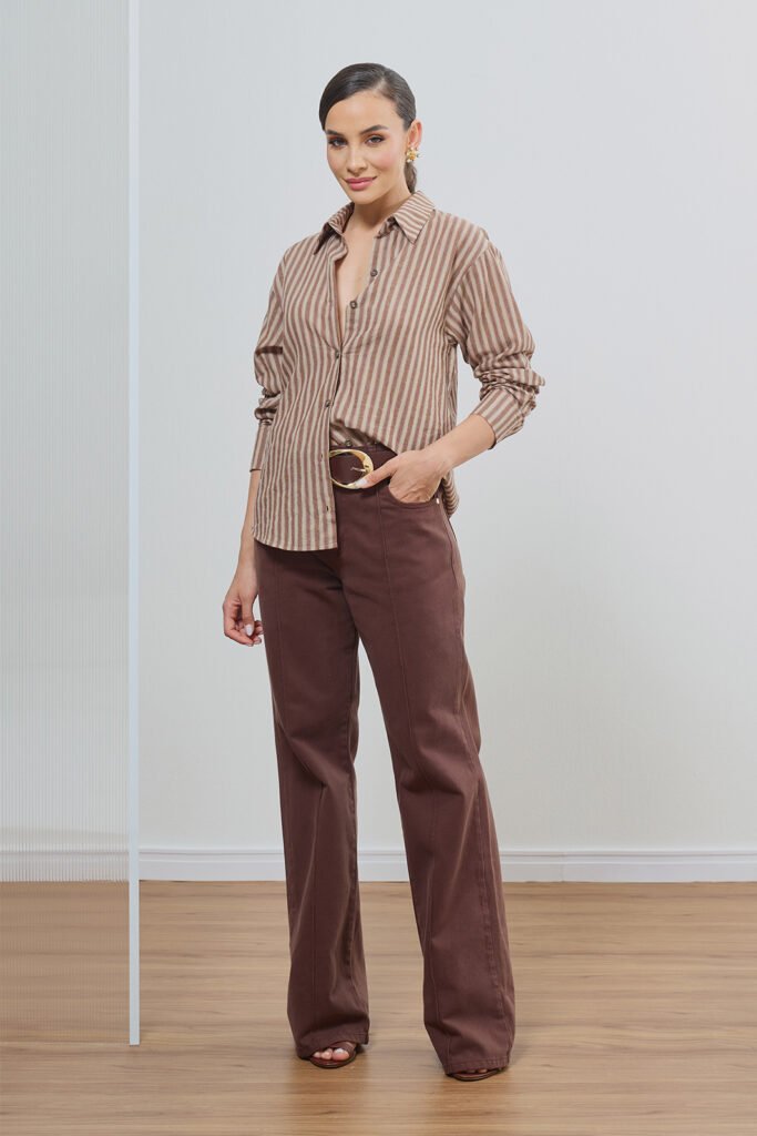 Calça Sarja Wide Leg Com Nervura